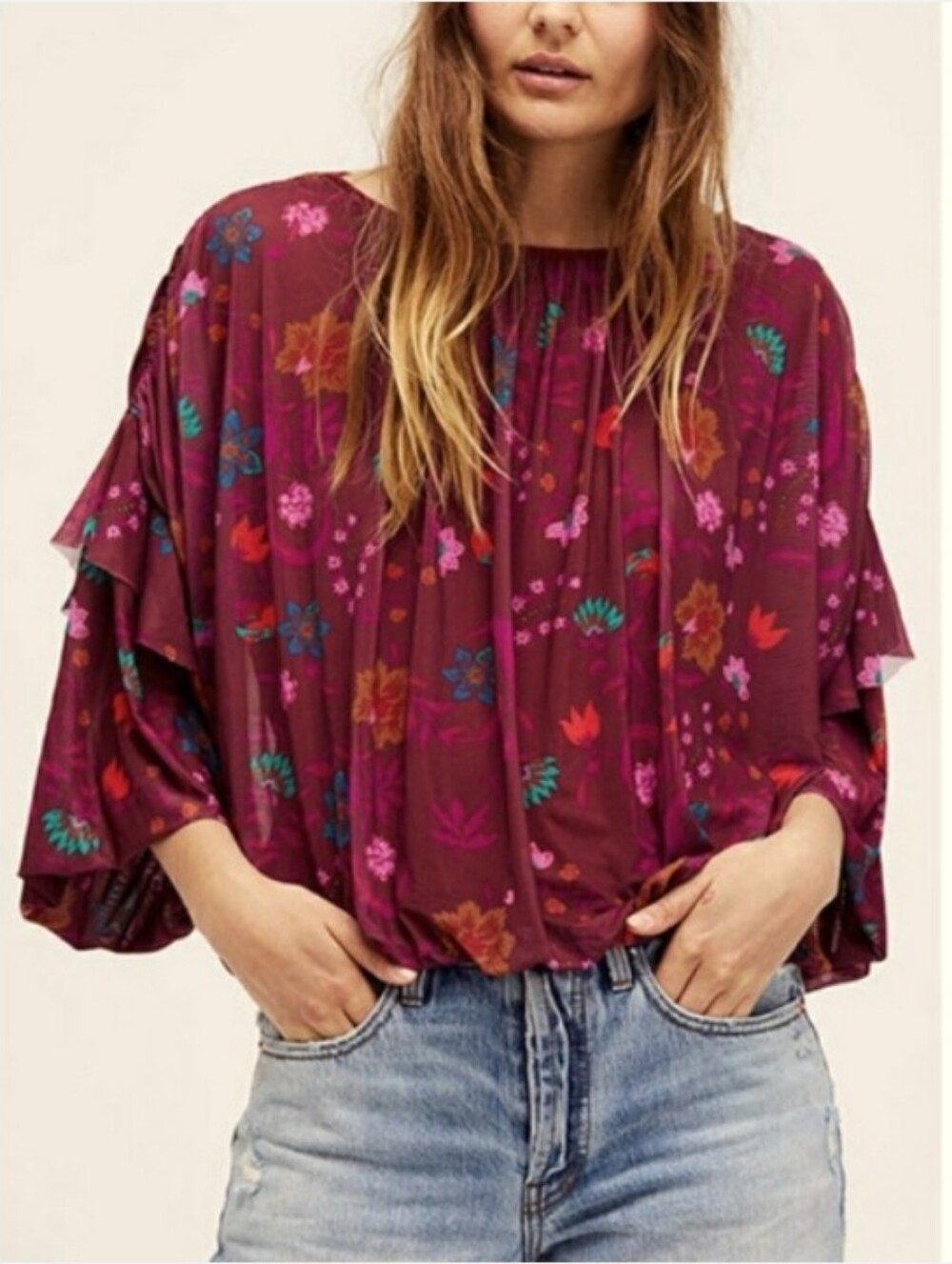 Free People Wildflower Honey Blouson Mesh Floral Top